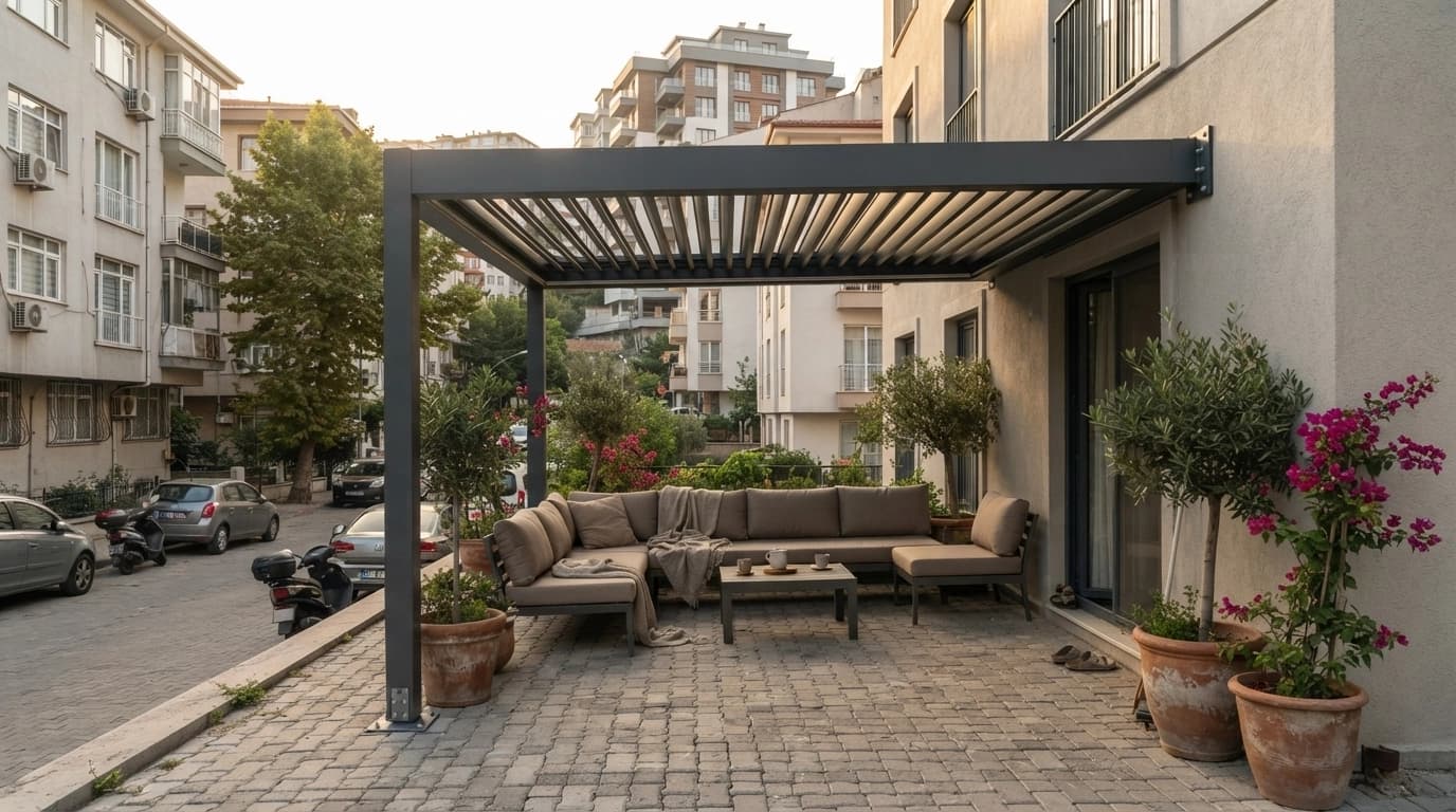 Sahilevleri’nde deniz gören villa terasına kurulmuş antrasit bioklimatik pergola