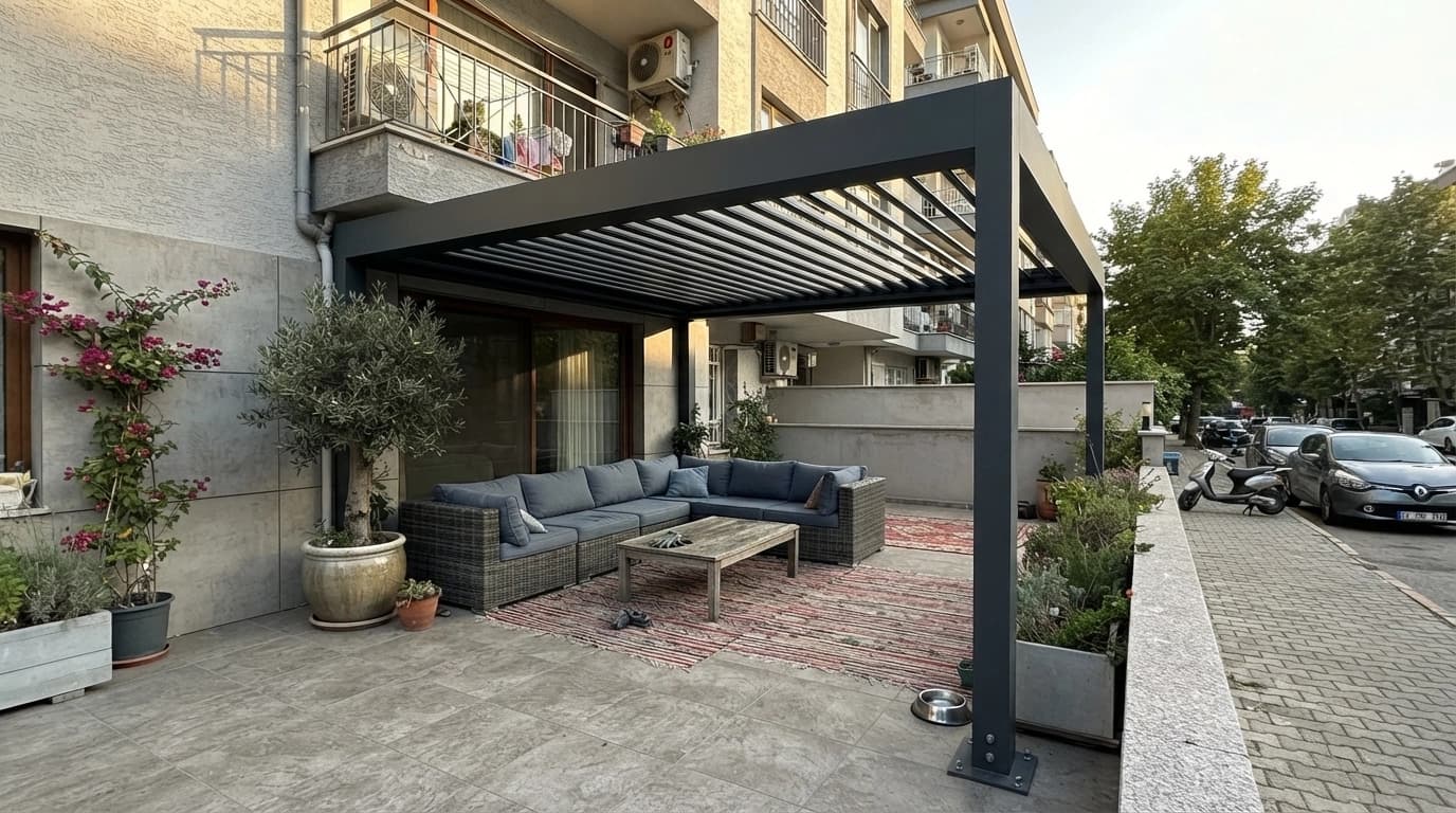 Restoran servis alanını kapatan lamelli bioklimatik pergola ve masa düzeni