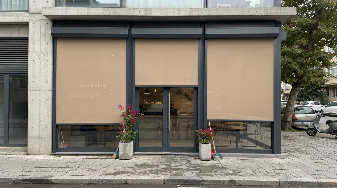 Sahil hattındaki bir kafenin servis alanını kapatan zip perde ve pergola