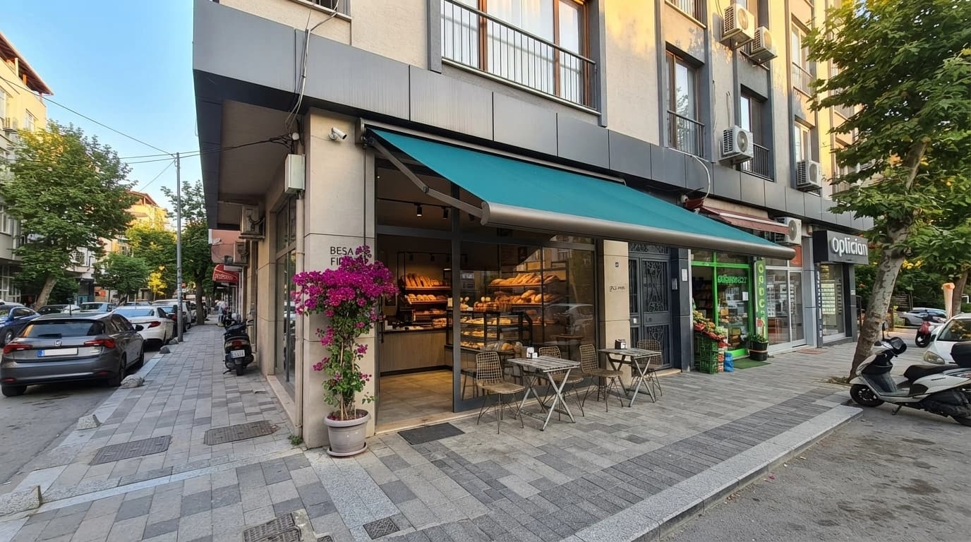 Apartman balkonuna monte edilmiş motorlu kasetli tente uygulaması