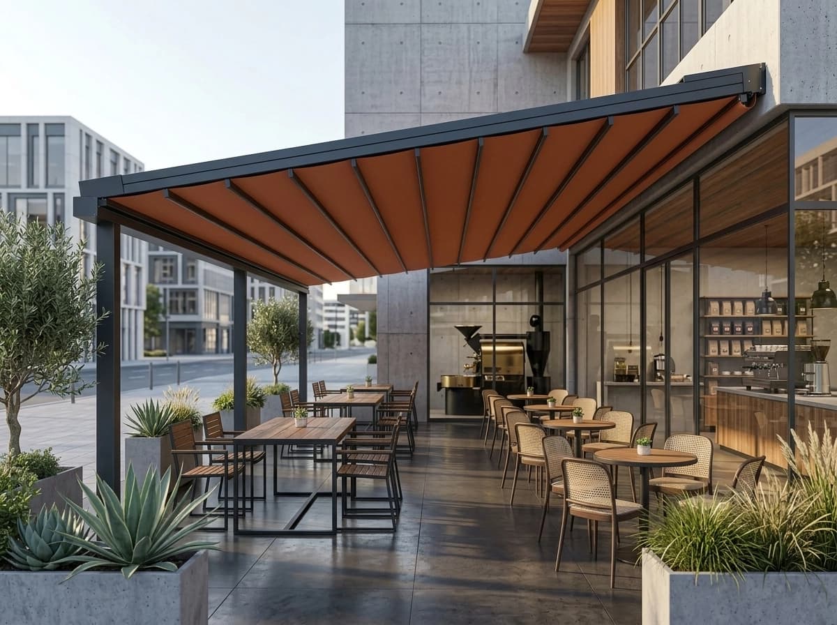 Villa bahçesinde kumaş örtüsü açık konumdaki otomatik pergola