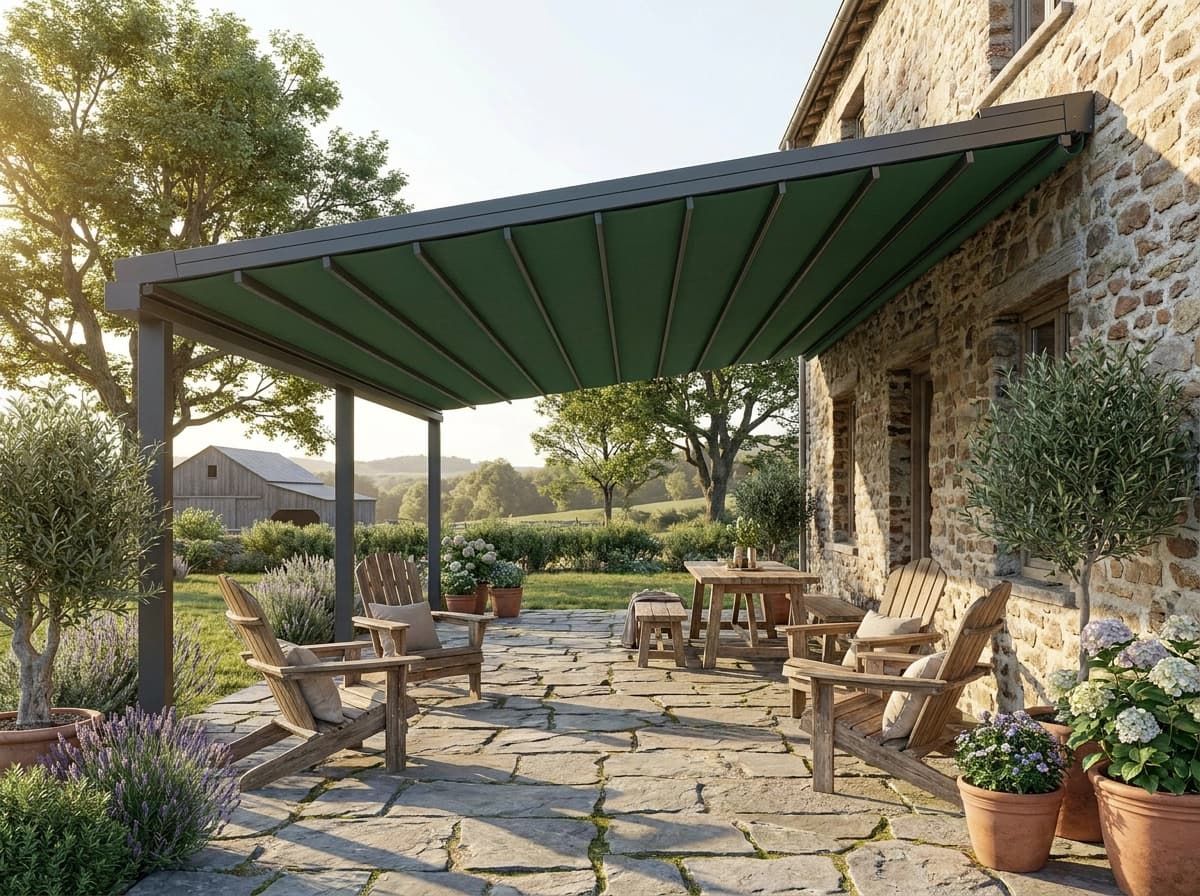 Kafe servis alanını kapatan motorlu kumaşlı pergola ve oturma düzeni