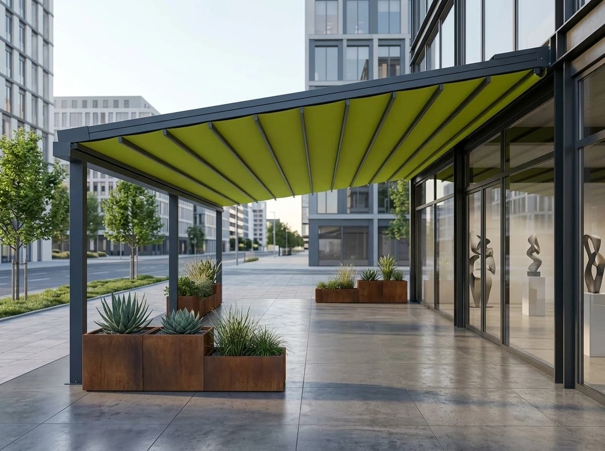Teras üzerinde kumaşı kısmen toplanmış otomatik pergola