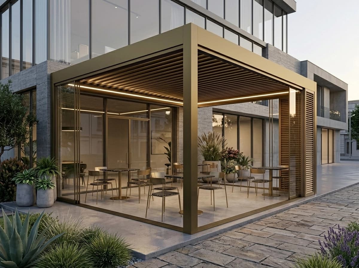 Bina cephesine bitişik kurulmuş rollingroof pergola