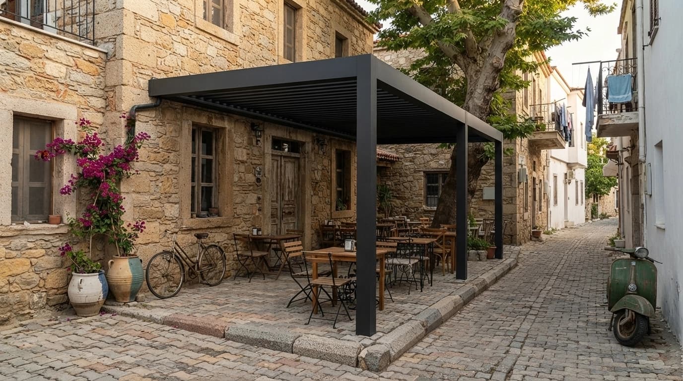 İşletme terasında rulo örtülü pergola ve masa düzeni