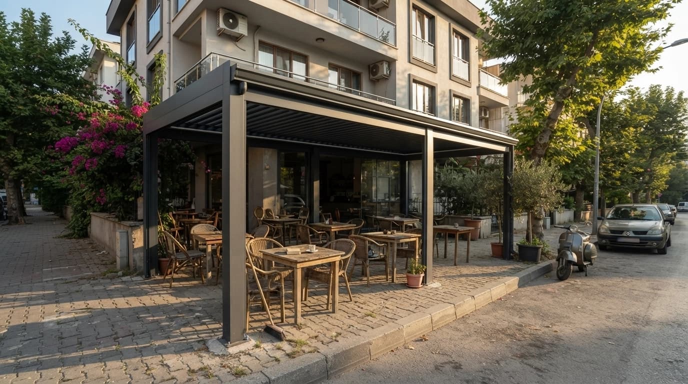 Deniz gören terasta ince profilli rollingroof pergola