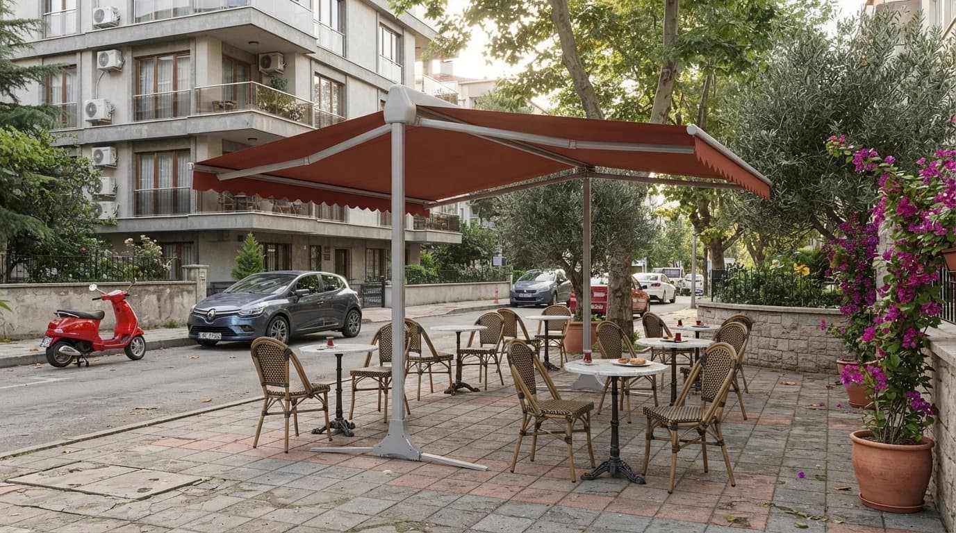Kaldırım üzerindeki servis alanını kapatan T model sabit tente