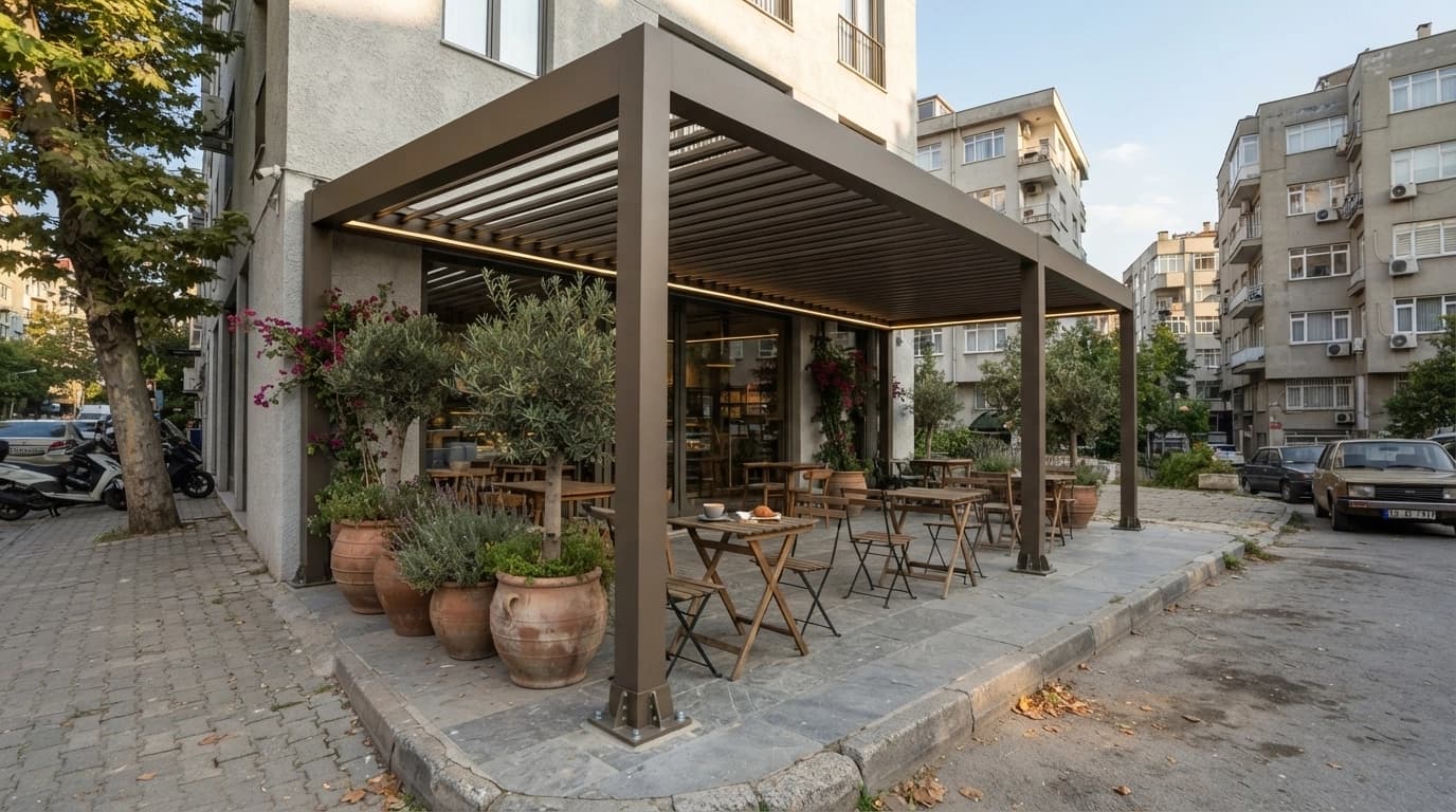 Ata Tente montaj ekibi bir terasta pergola kurulumu yaparken