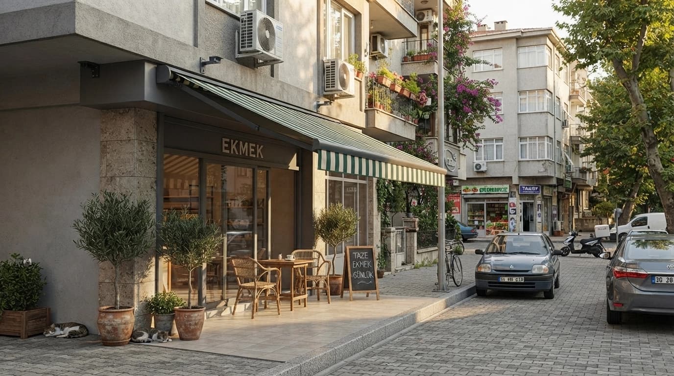 Geniş bir işletme terasında dikmesiz mafsallı tente uygulaması