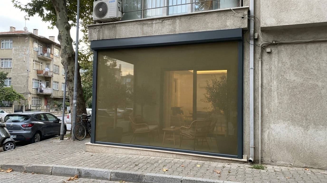 Sahil hattındaki bir restoranın servis alanını kapatan zip perde sırası